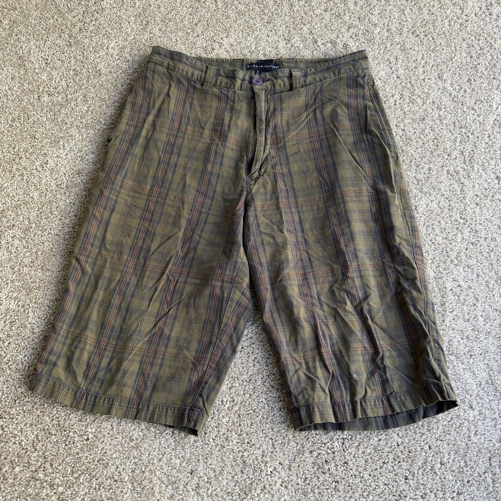 Tommy Hilfiger Chino Shorts Mens 34 Green Plaid Cotton Pockets Casual Summer